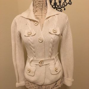 Jackie O Vintage 60s Cable Knit Belted Button Sweater XS Petite